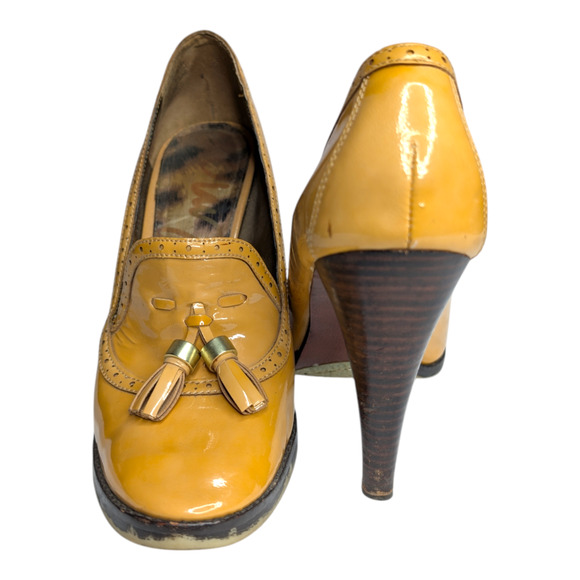 Sam Edelman TRUMAN Women Sz 8.5 Camel Colored Tassel Patent Leather Heel Shoes - Picture 2 of 11